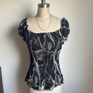 Vintage Black & White Pleated Square-Neck Puff Sleeve Top